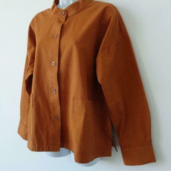 NWT EILEEN FISHER Musk Yellow Organic Cotton Mandarin Collar Jacket Large - Picture 2 of 7